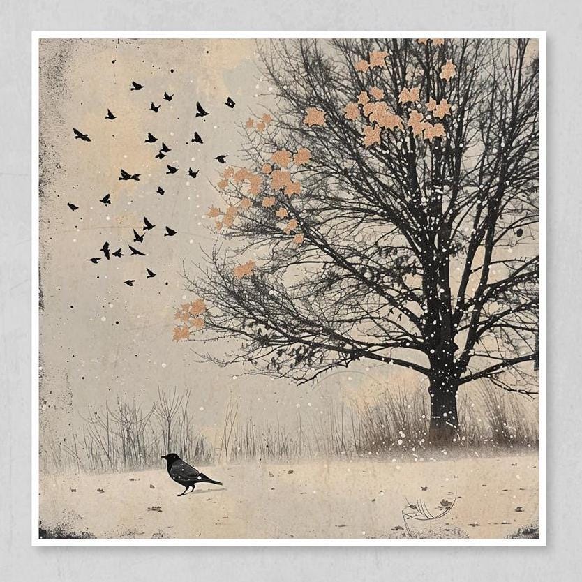 The second print shows a tree with snow-covered branches and a bird perched on a branch, with another flock of birds flying overhead.