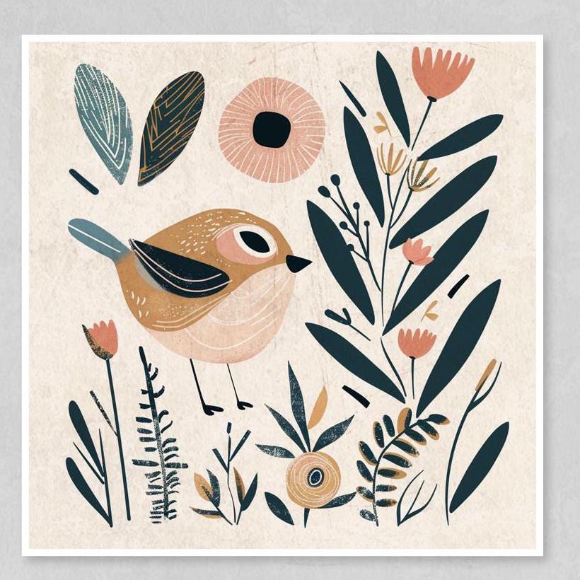 Whimsical Bird Art Prints – Boho Wall Art Set of 4 Rolled Canvas Prints