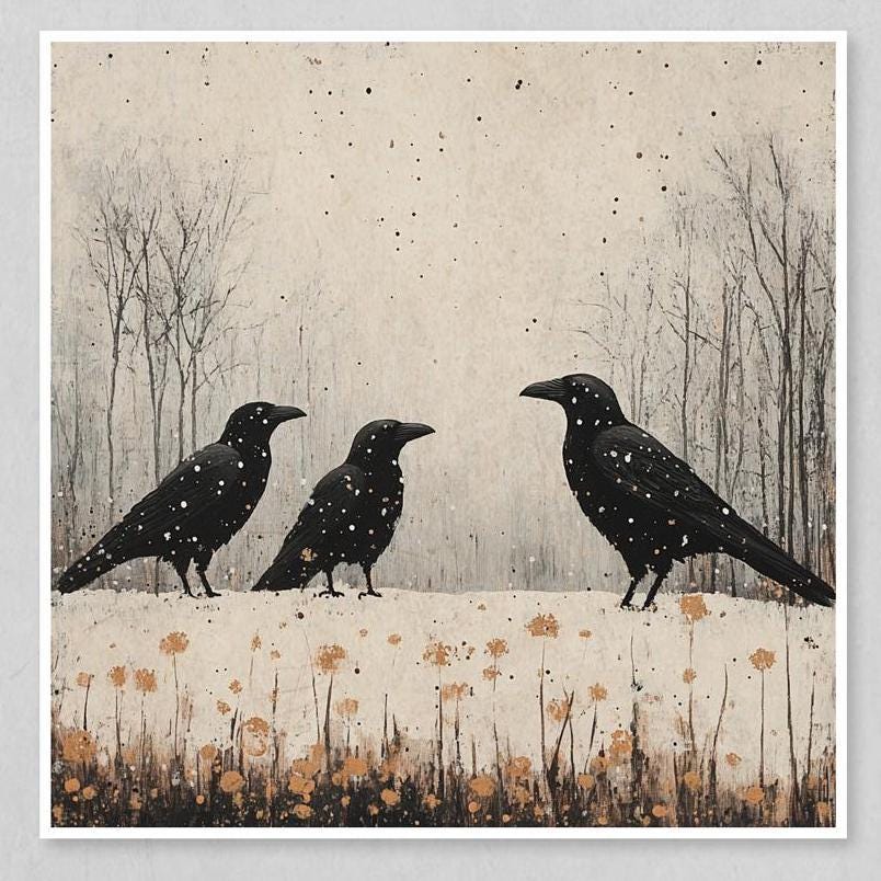 raven, gothic, dark academia, nature, winter, landscape, bird, crow, wildlife, wall art, set, captivating set of raven wall art prints, raven wall art, gothic decor, Raven Wall Art Set - Winter Nature Prints, Gothic Decor, Dark Academia Aesthetic