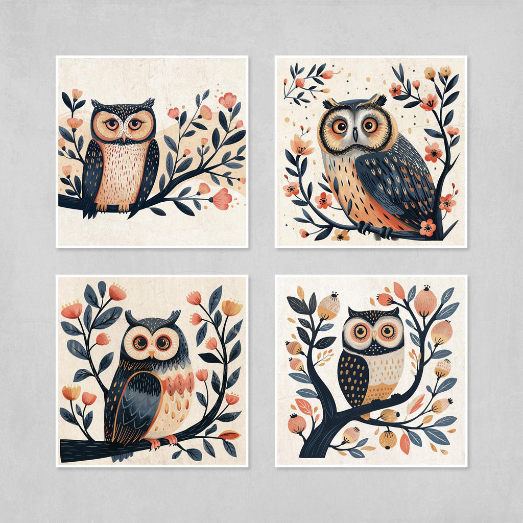 Owl Wall Art - Set of 4 Boho Owl Prints | Woodland Nursery Decor for Kids Room
