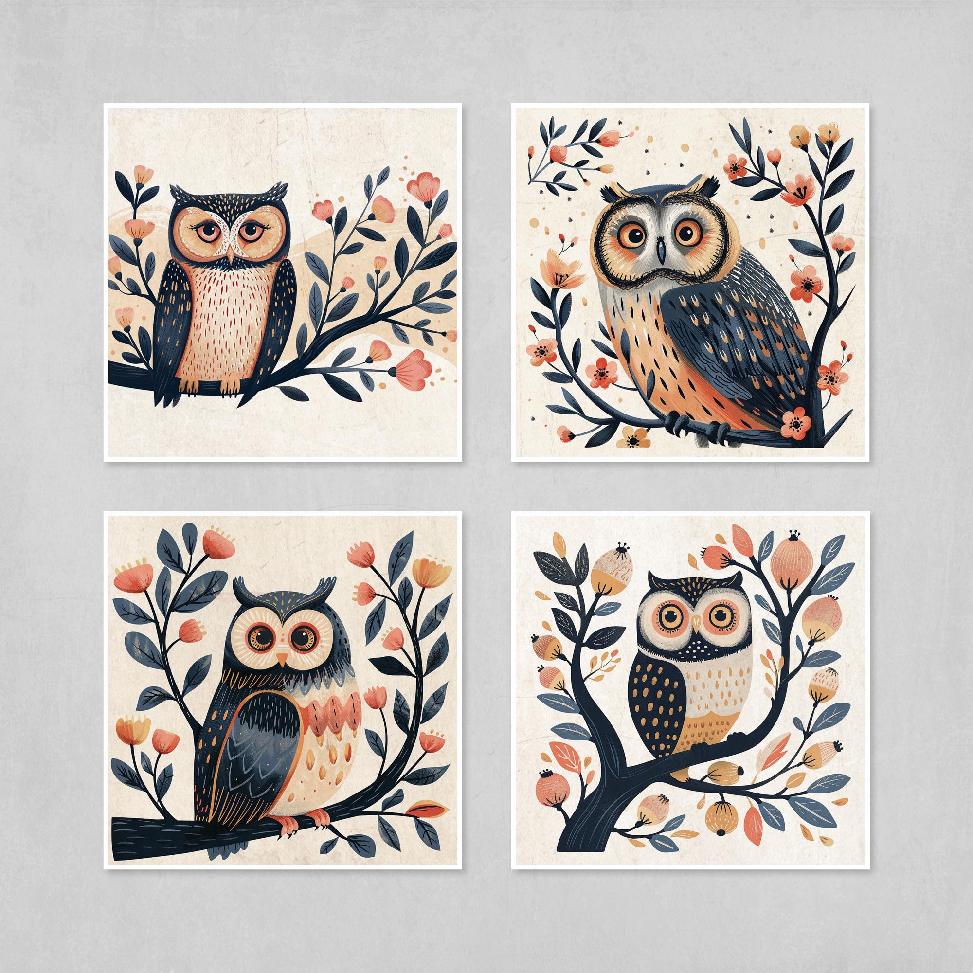 Owl Wall Art - Set of 4 Boho Owl Prints | Woodland Nursery Decor for Kids Room