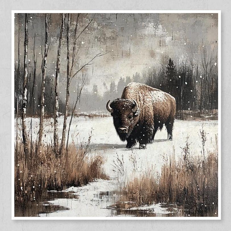 The second print shows a bison standing in a snowy field with a river in the background.