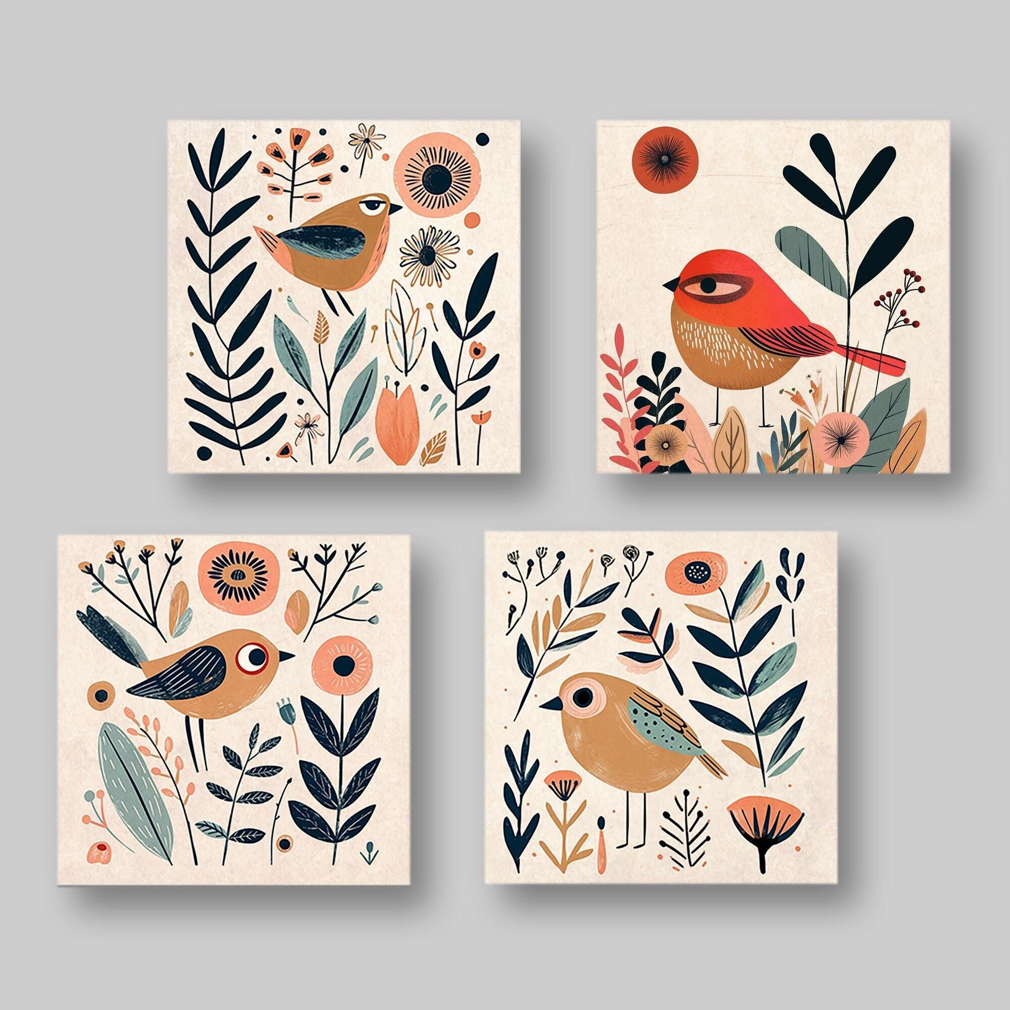 Boho Folk Art Prints – Set of 4 Mid Century Bird Wall Decor Canvas Artwork