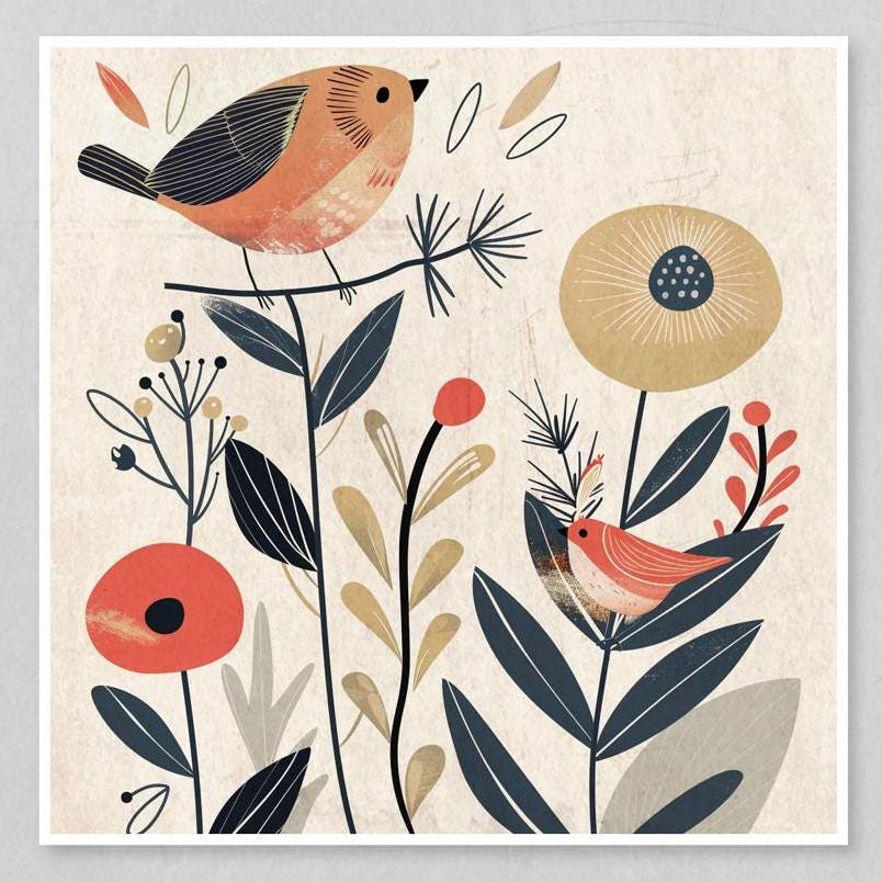 Cute little boho bird surrounded by botanicals