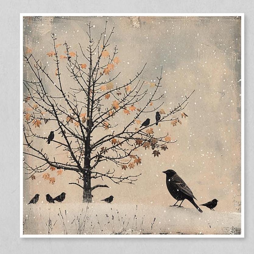 The fourth print shows a tree with snow-covered branches and a bird perched on a branch, with a flock of birds flying around it.