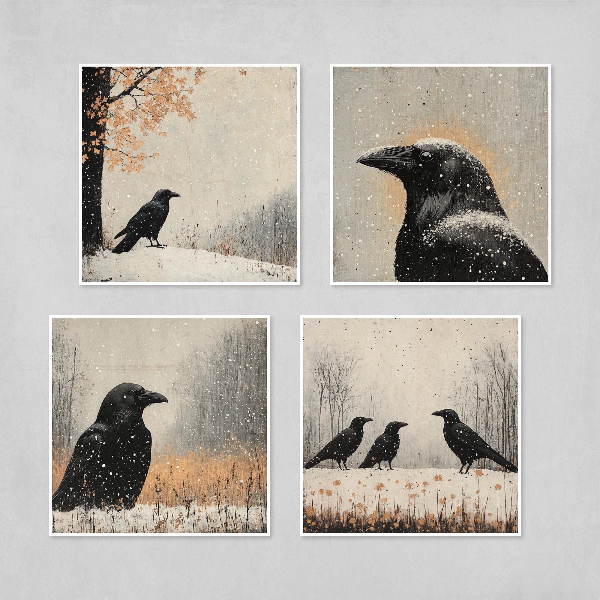 Raven Wall Art - Set of 4 Winter Nature Prints | Gothic Dark Academia Decor
