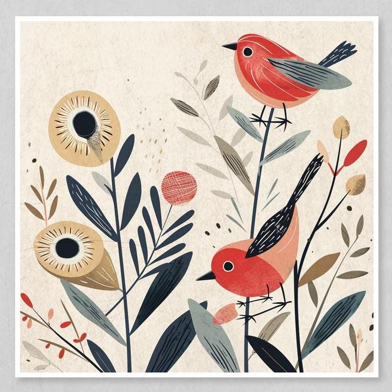 Bird Prints Set – Boho Wall Decor | Folk Art Prints with Abstract Floral Artwork