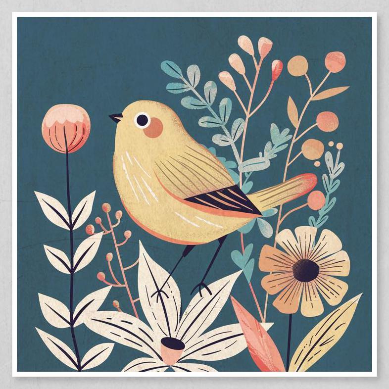 Boho Bird Wall Art – Set of 4 Teal Botanical Prints | Whimsical Floral Decor