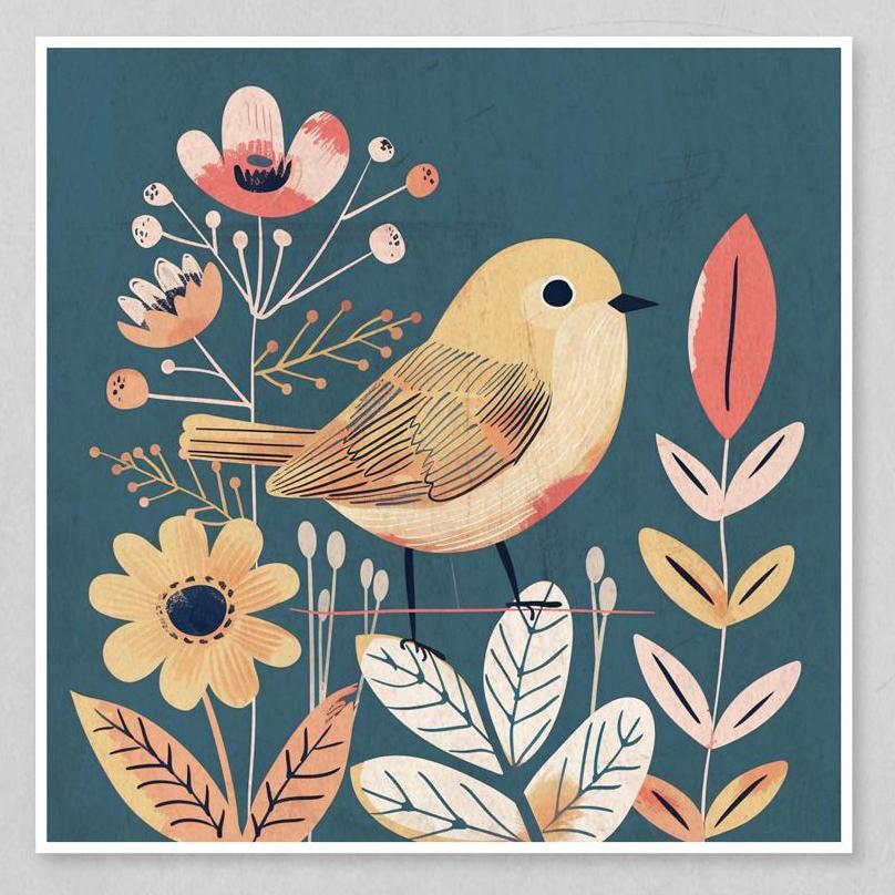 Cute little boho bird surrounded by botanicals