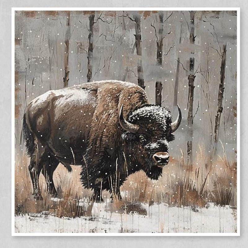 Winter Bison Wall Decor – Rustic Buffalo Artwork | Cabin Nature Art Prints Set
