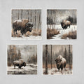 A set of four square prints depicting bison in winter landscapes.