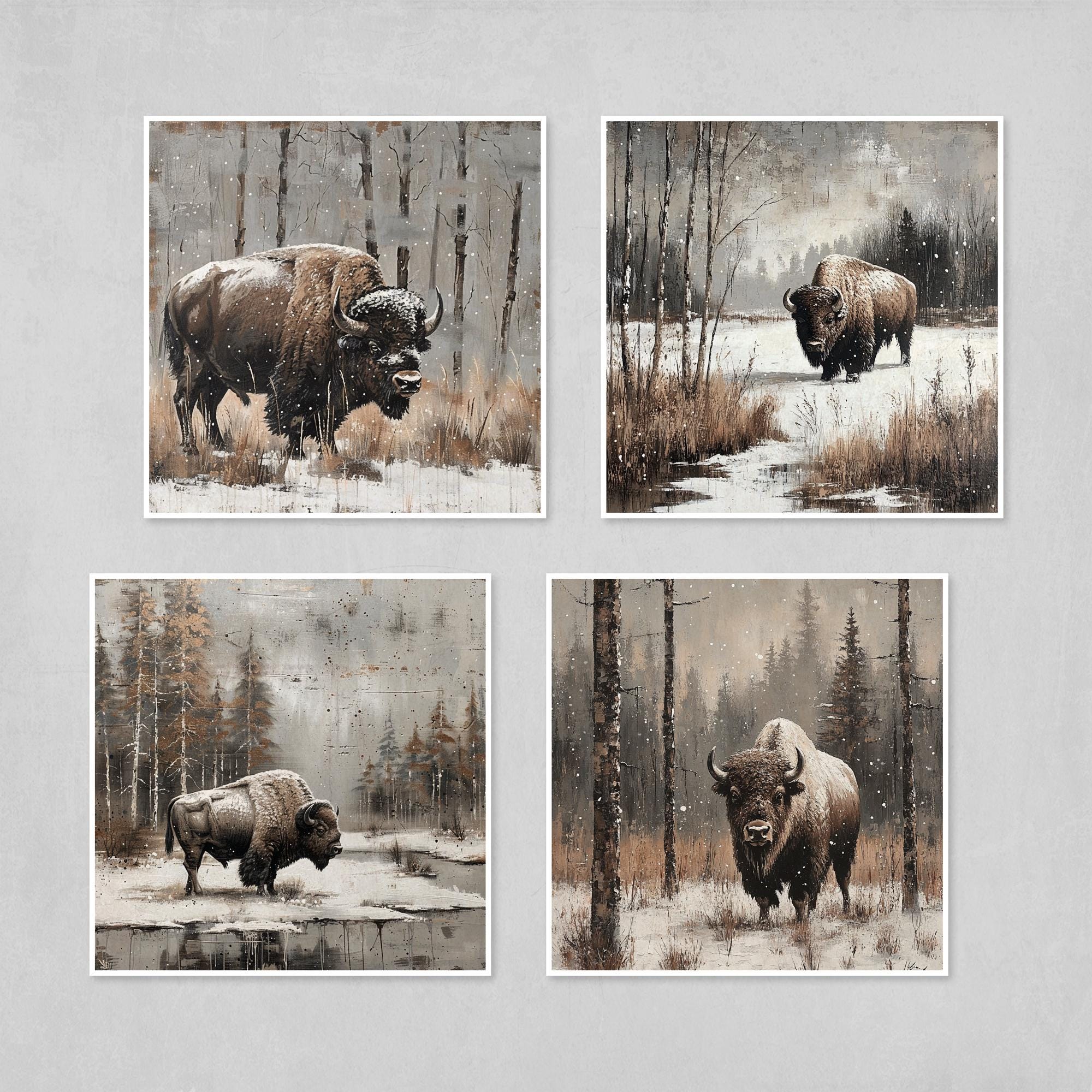 A set of four square prints depicting bison in winter landscapes.