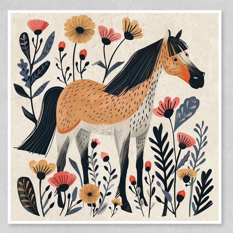 Boho Horse Art Prints Set of 4 – Floral Horse Illustration | Rustic Woodland Prints