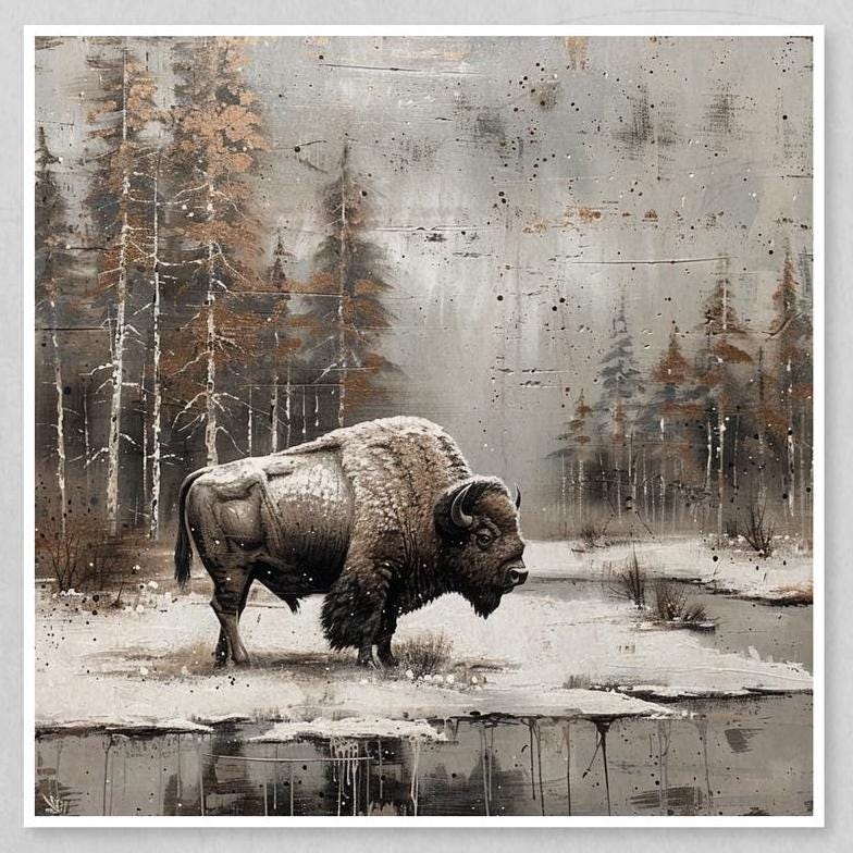 The third print shows a bison standing in a snowy forest with a stream in the background.