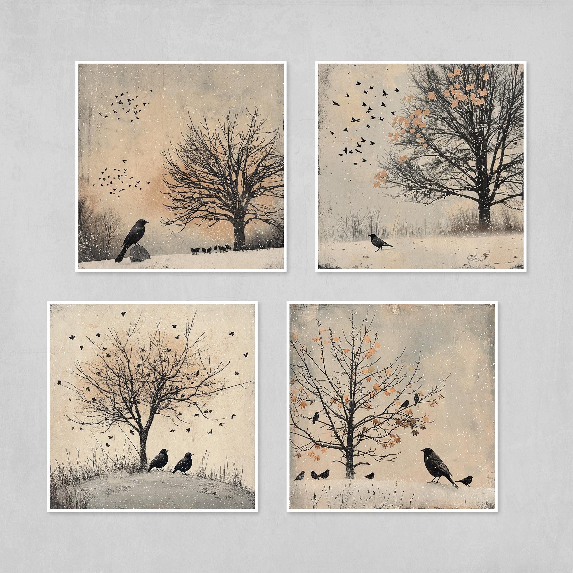 A set of four square prints depicting birds and trees in winter landscapes.