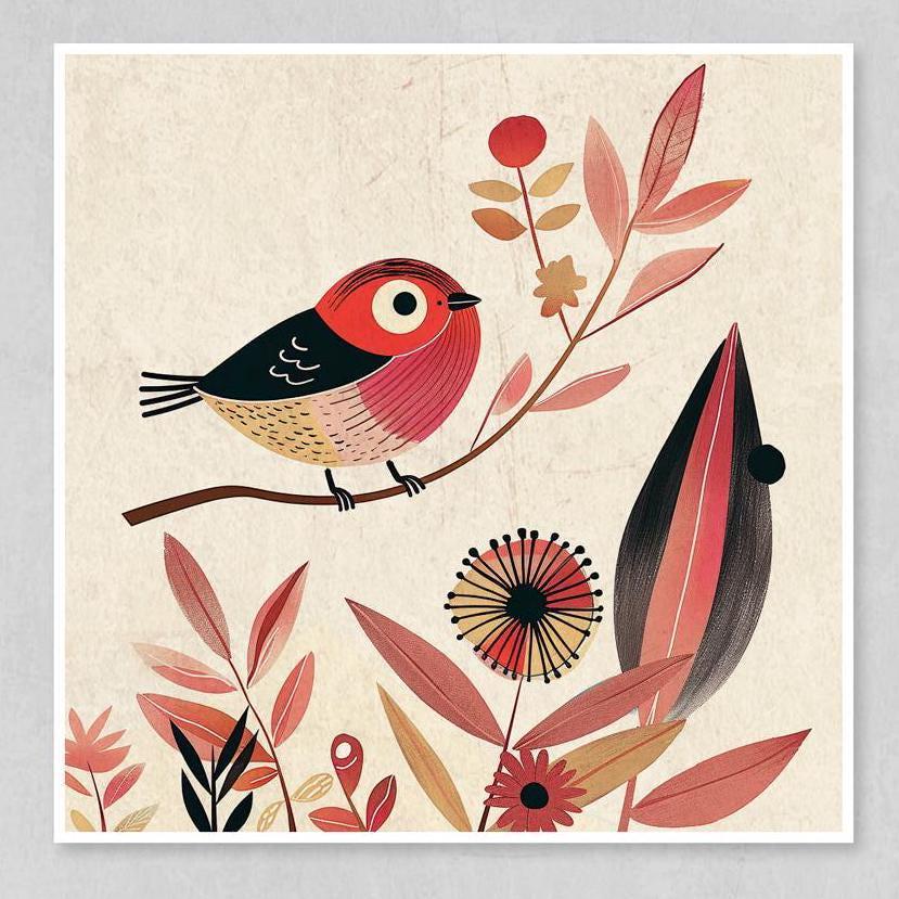 Boho Bird Art Prints – Set of 4 Whimsical Red Bird Wall Decor for Nursery & Living Room