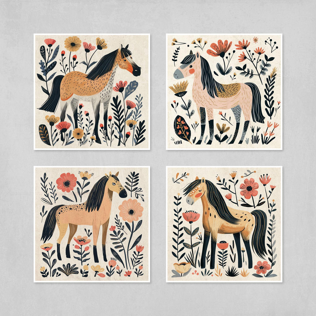 Boho Horse Art Prints Set of 4 – Floral Horse Illustration | Rustic Woodland Prints