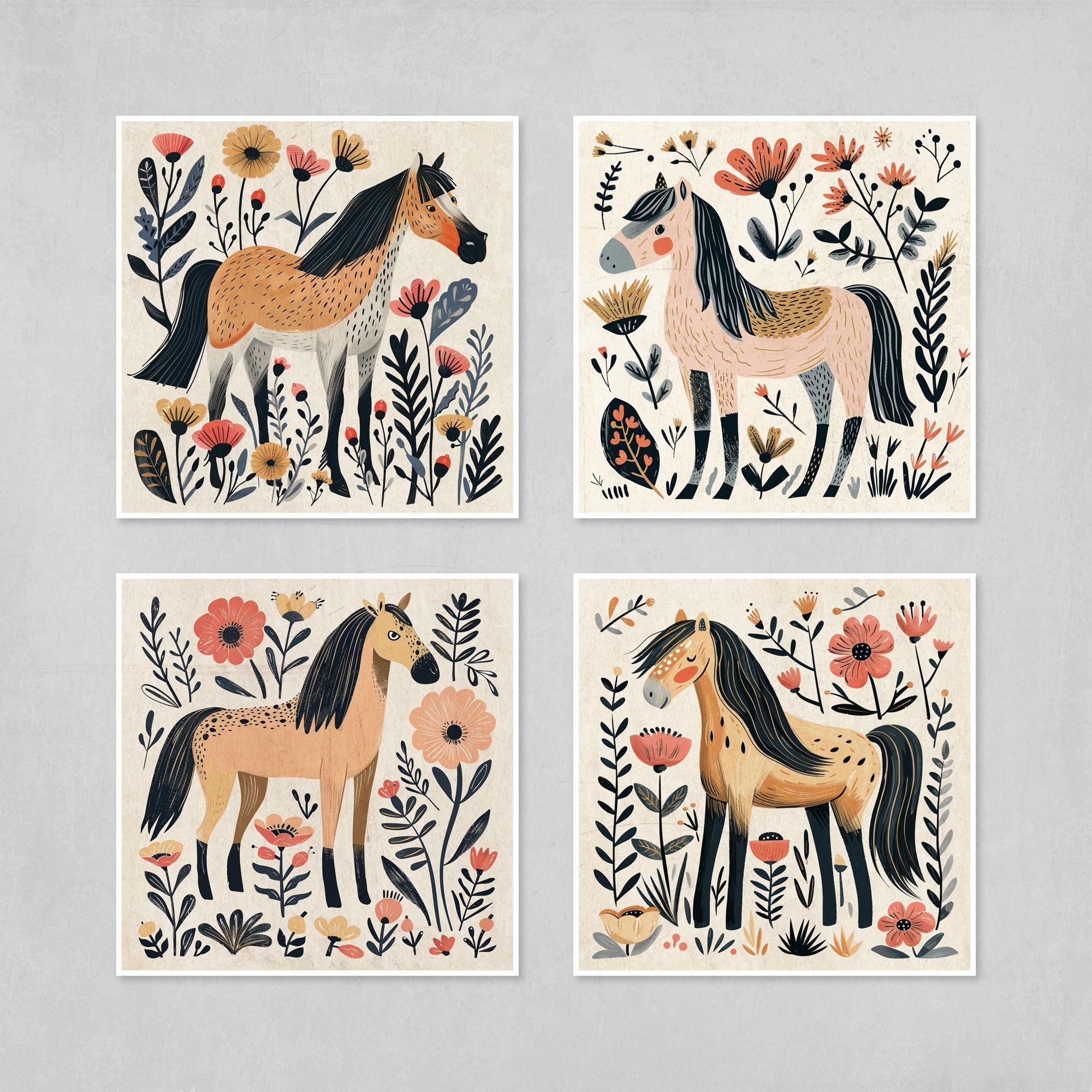 Boho Horse Art Prints Set of 4 – Floral Horse Illustration | Rustic Woodland Prints