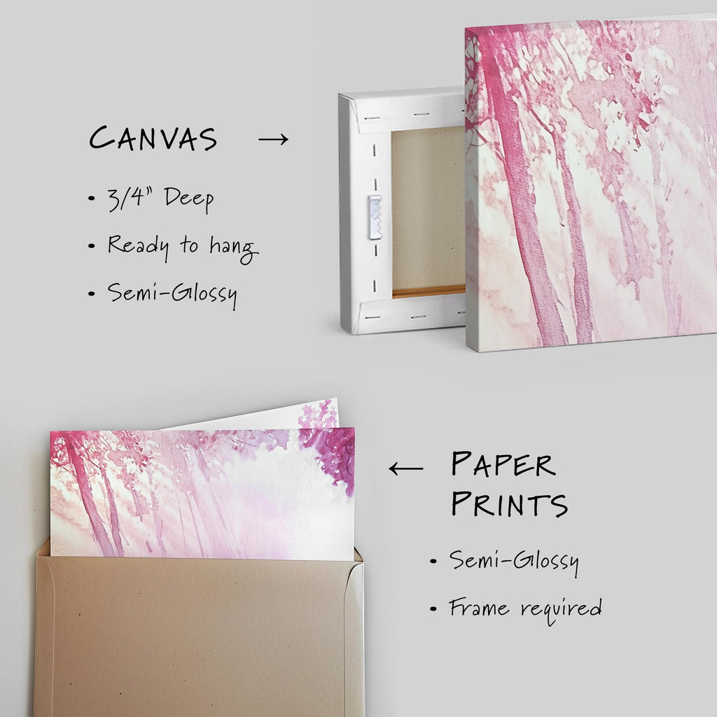 The image is a collage of two pictures, one of a canvas print and one of a paper print. The canvas print is a 3/4" deep, semi-glossy, and ready to hang, while the paper print is a semi-glossy, frame-required, and paper print.