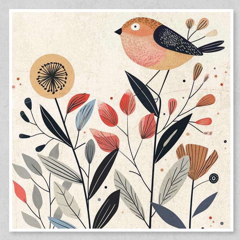 Cute little boho bird surrounded by botanicals