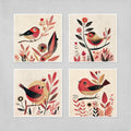 Boho Bird Art Prints – Set of 4 Whimsical Red Bird Wall Decor for Nursery & Living Room