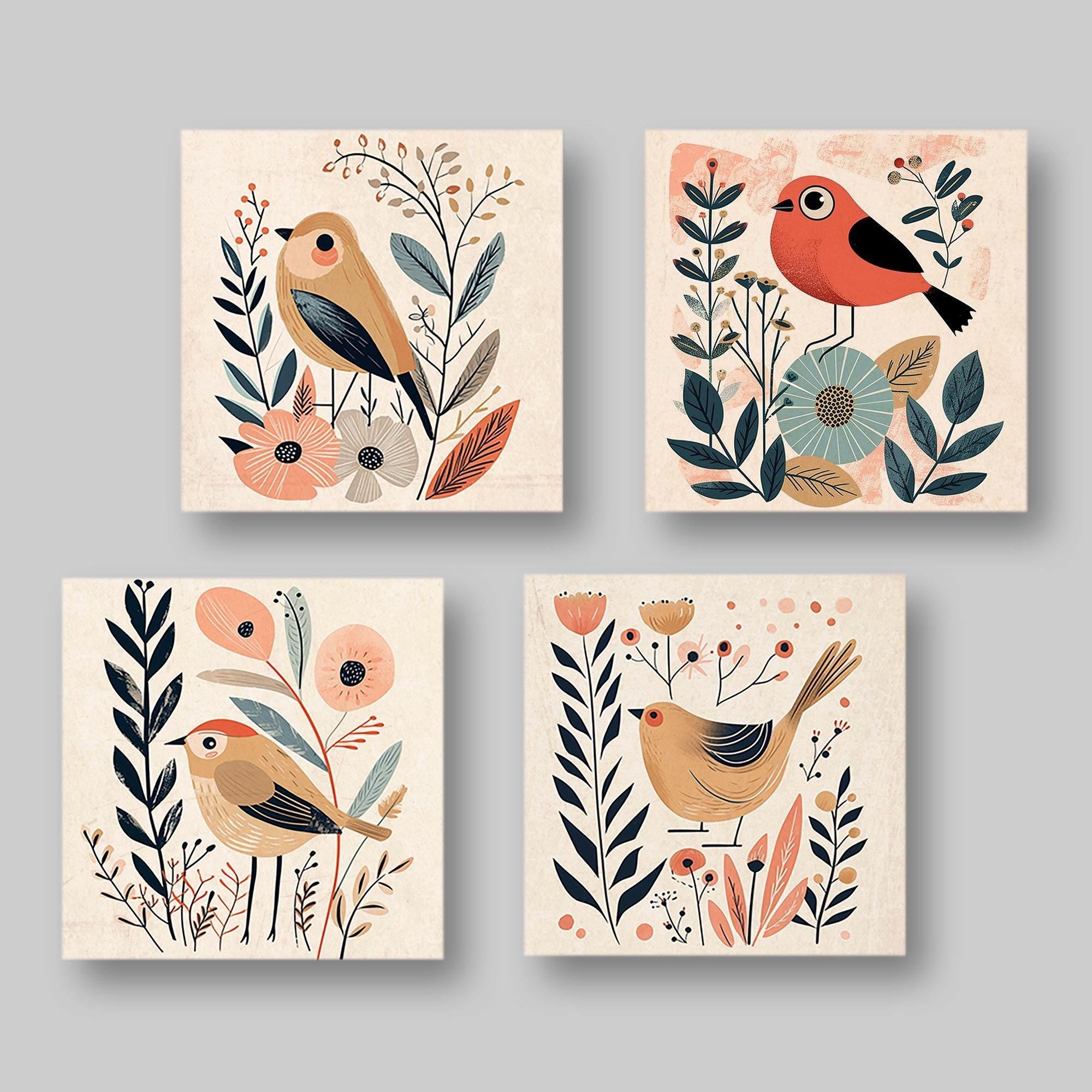 Boho Folk Art Prints – Set of 4 Mid Century Bird Wall Decor Canvas Artwork