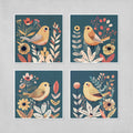 Boho Bird Wall Art – Set of 4 Teal Botanical Prints | Whimsical Floral Decor