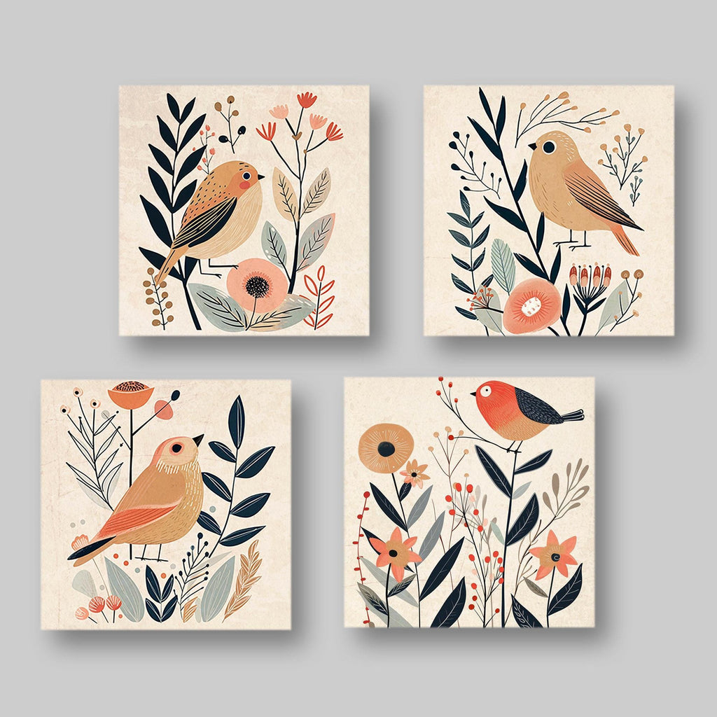 Boho Folk Art Prints – Set of 4 Mid Century Bird Wall Decor Canvas Artwork