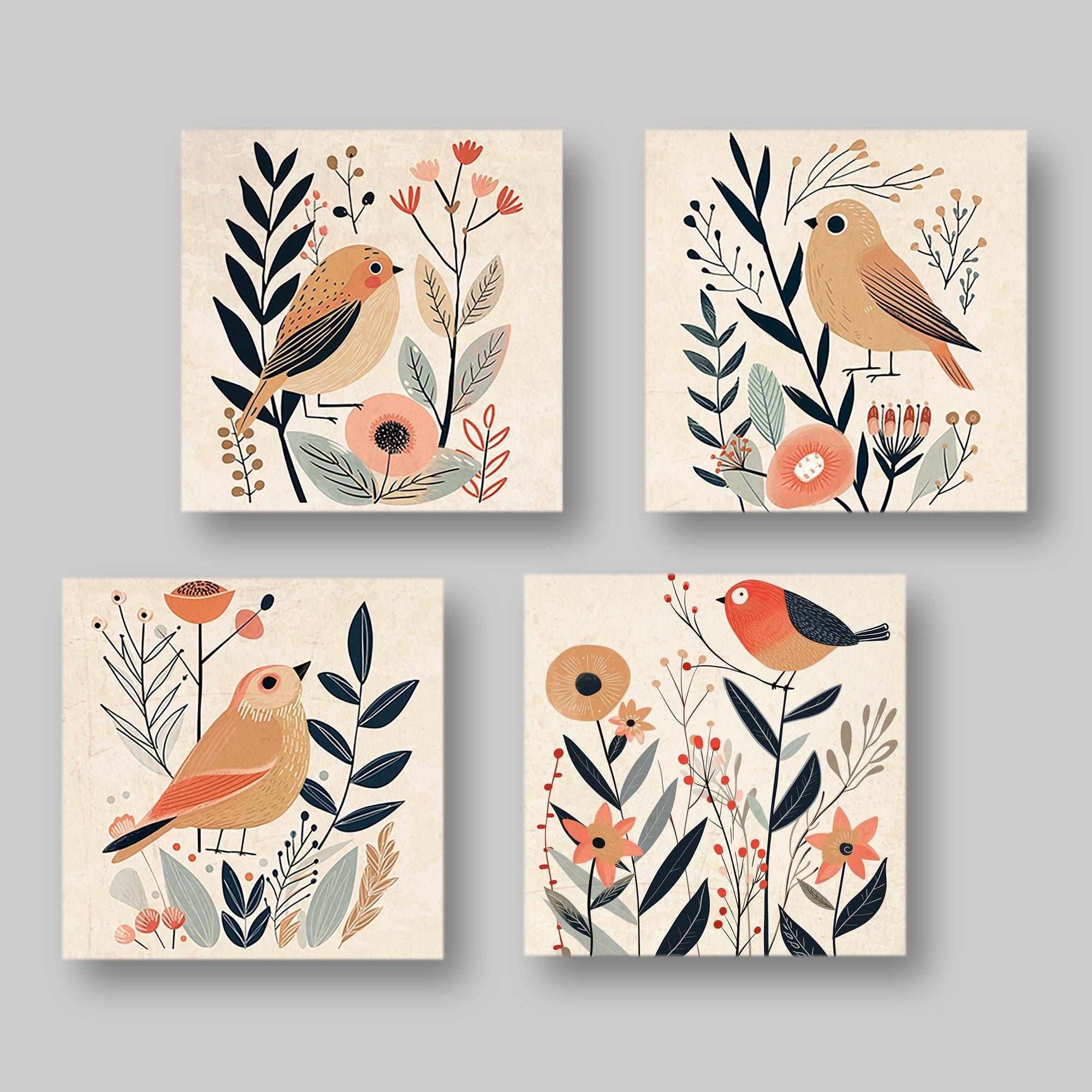Boho Folk Art Prints – Set of 4 Mid Century Bird Wall Decor Canvas Artwork