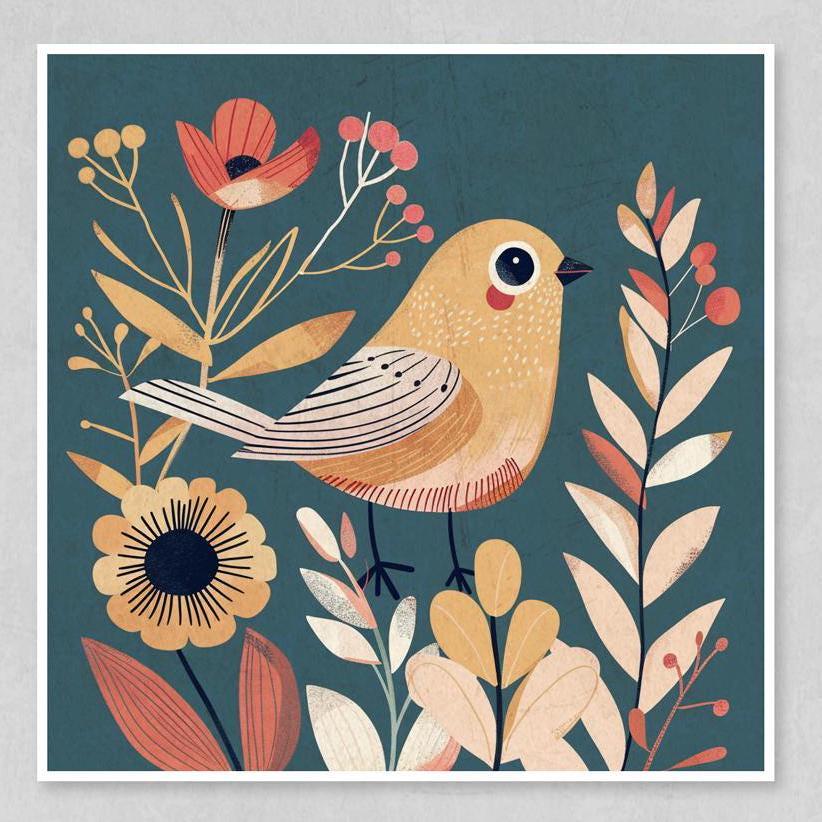 Boho Bird Wall Art – Set of 4 Teal Botanical Prints | Whimsical Floral Decor