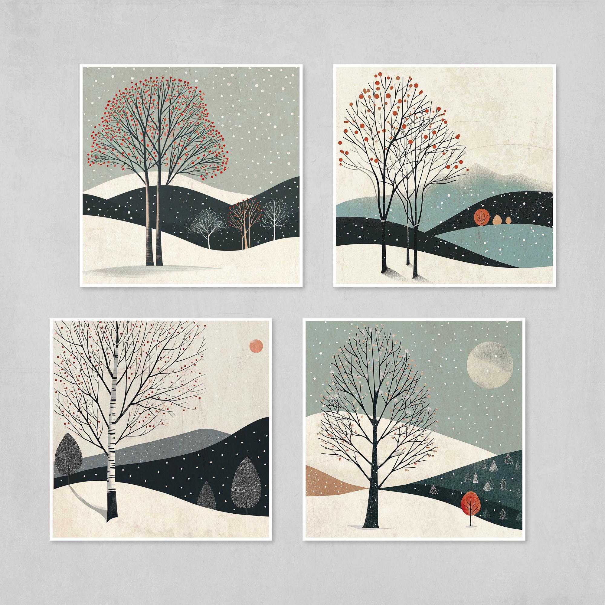 winter wall art, minimalist art, Scandinavian decor, modern decor, winter landscape, tree art, woodland art, forest art, wall art set, printable art, winter, minimalist, Scandinavian, modern, landscape, tree, woodland, forest, wall art, set of 4