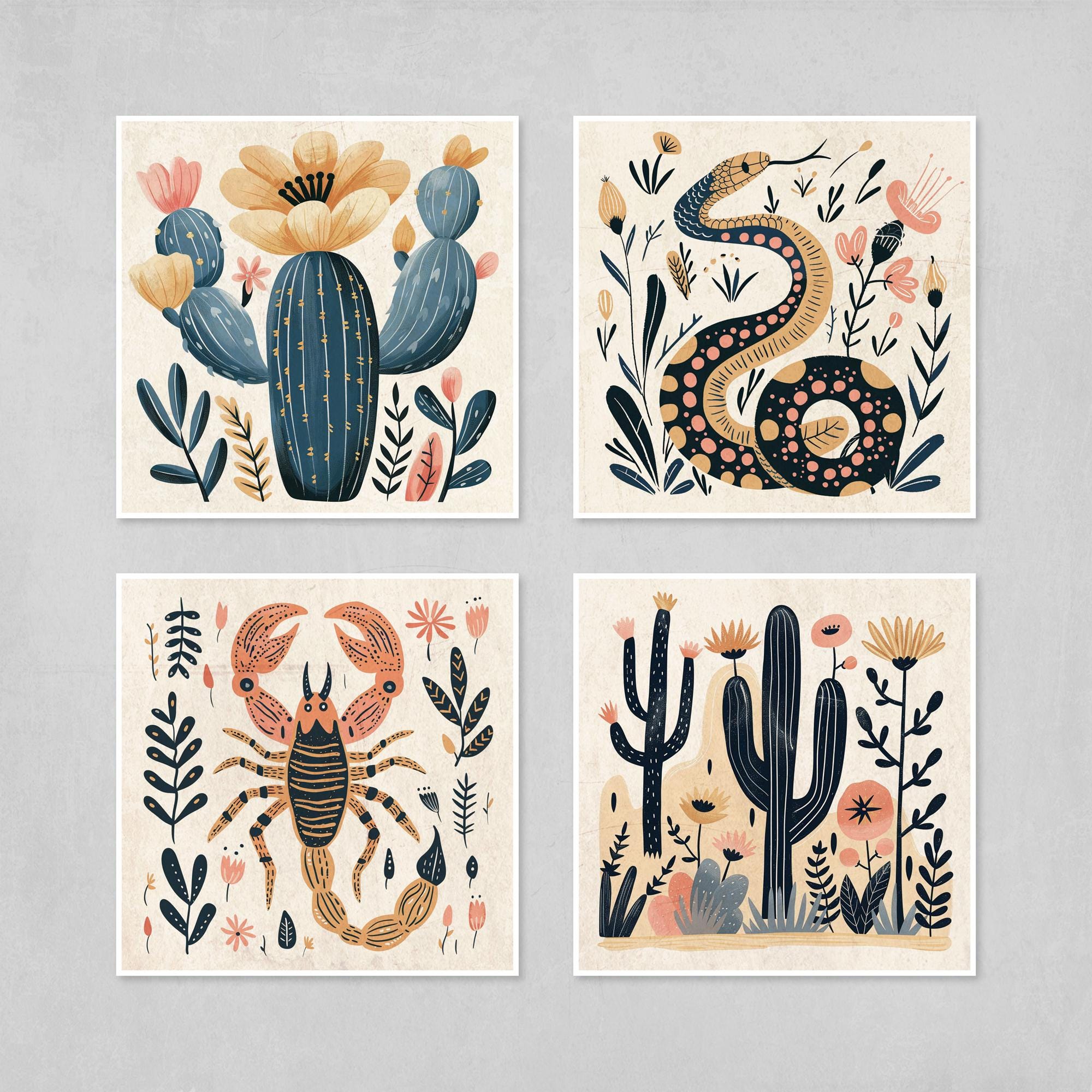 Boho Cactus Wall Art – Desert Wildlife Prints | Snake, Scorpion & Flora Set