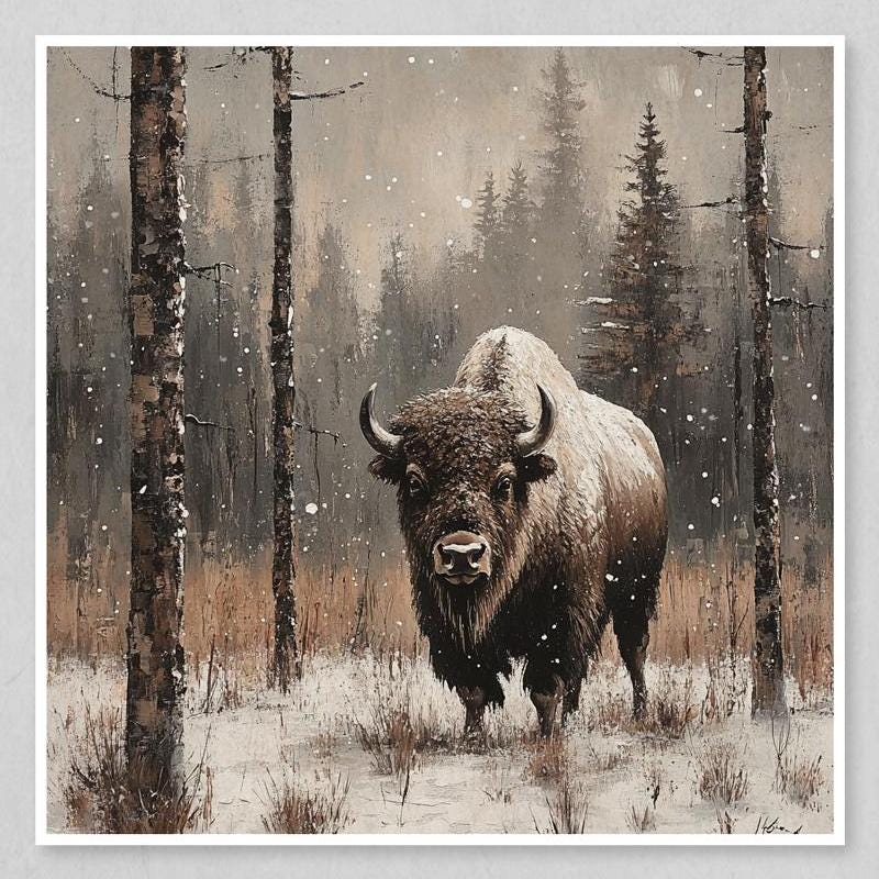 The fourth print shows a bison standing in a snowy field with trees in the background and snow falling.