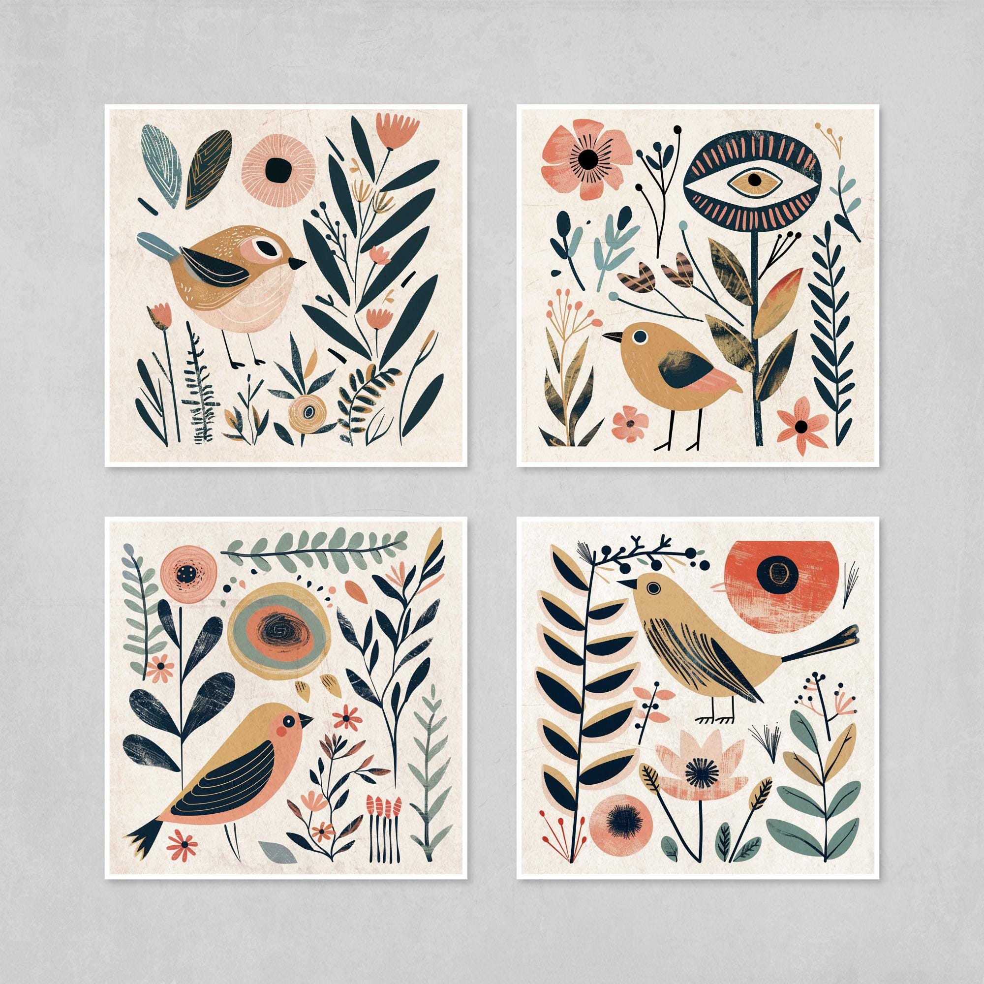 Whimsical Bird Art Prints – Boho Wall Art Set of 4 Rolled Canvas Prints