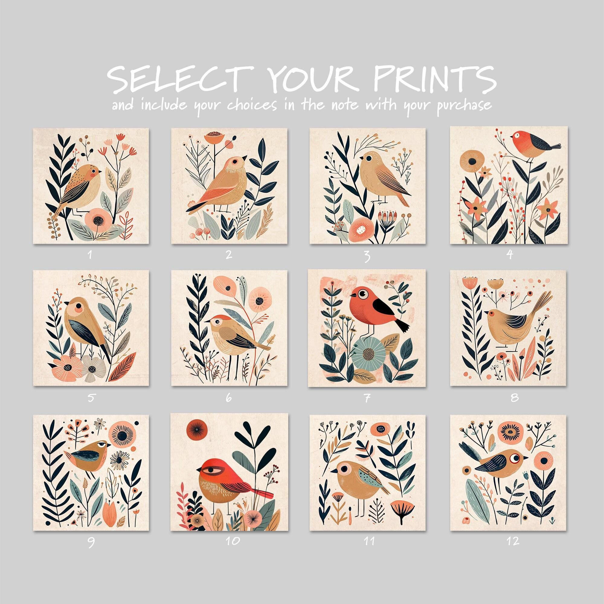 Boho Folk Art Prints – Set of 4 Mid Century Bird Wall Decor Canvas Artwork