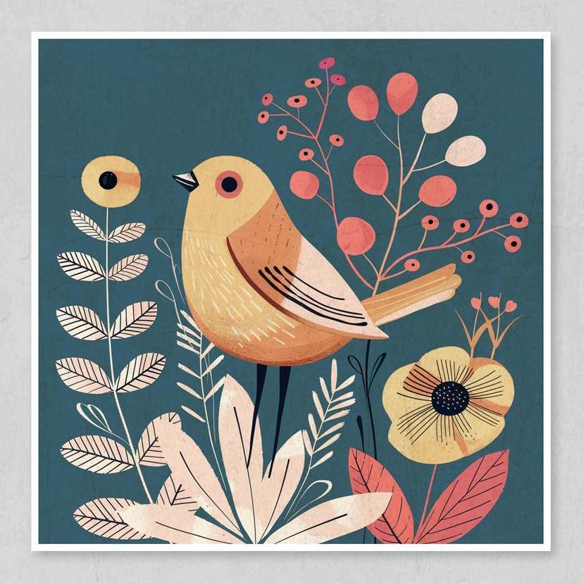 Cute little boho bird surrounded by botanicals
