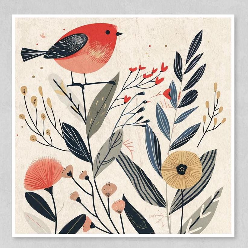 Bird Prints Set – Boho Wall Decor | Folk Art Prints with Abstract Floral Artwork