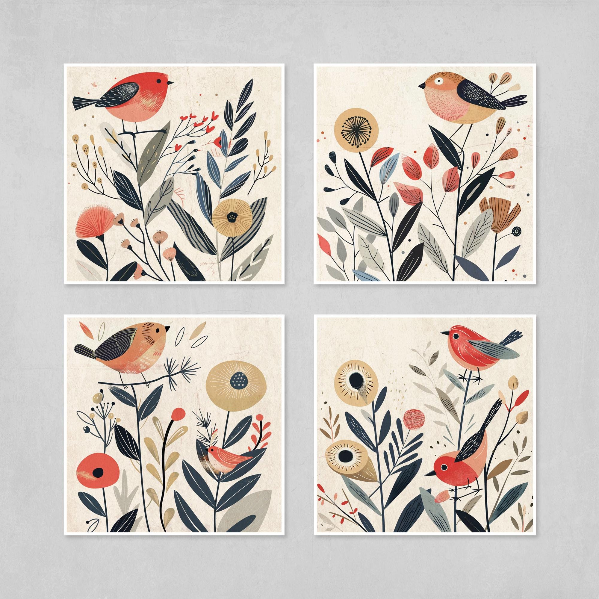 Bird Prints Set – Boho Wall Decor | Folk Art Prints with Abstract Floral Artwork