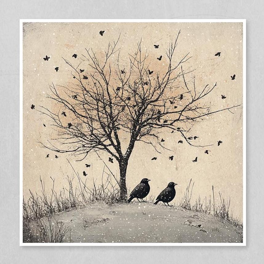 The third print shows a tree with bare branches and two birds perched on a branch, with snow on the ground.