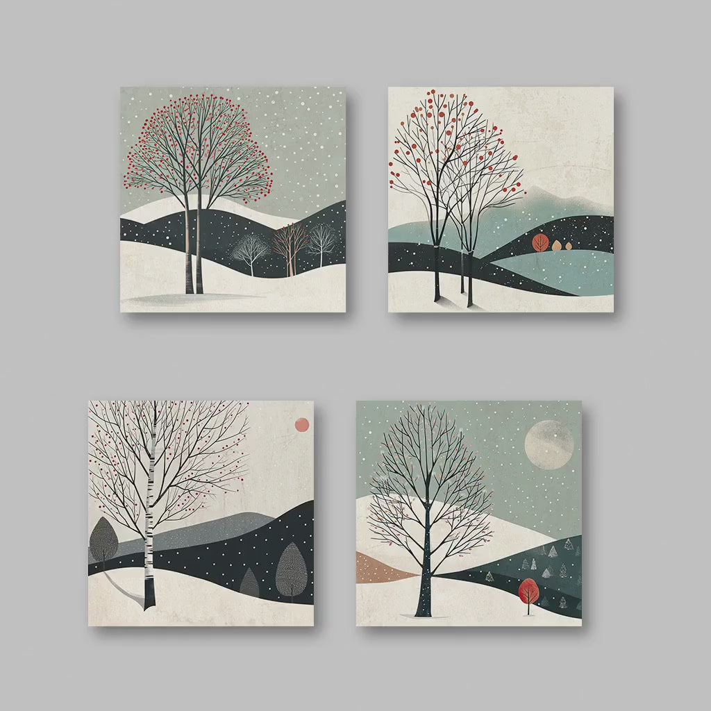 Minimalist Winter Wall Art – Set of 4 Snow Scene Prints | Scandinavian Decor