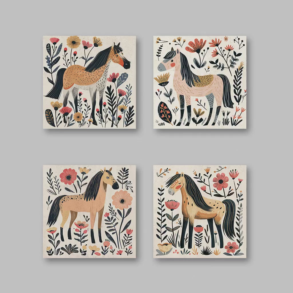 Boho Horse Art Prints Set of 4 – Floral Horse Illustration | Rustic Woodland Prints
