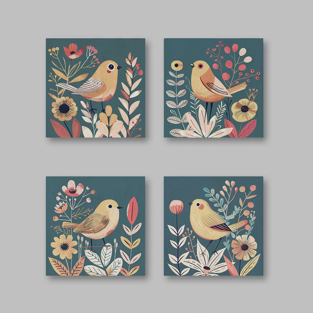 Boho Bird Wall Art – Set of 4 Teal Botanical Prints | Whimsical Floral Decor