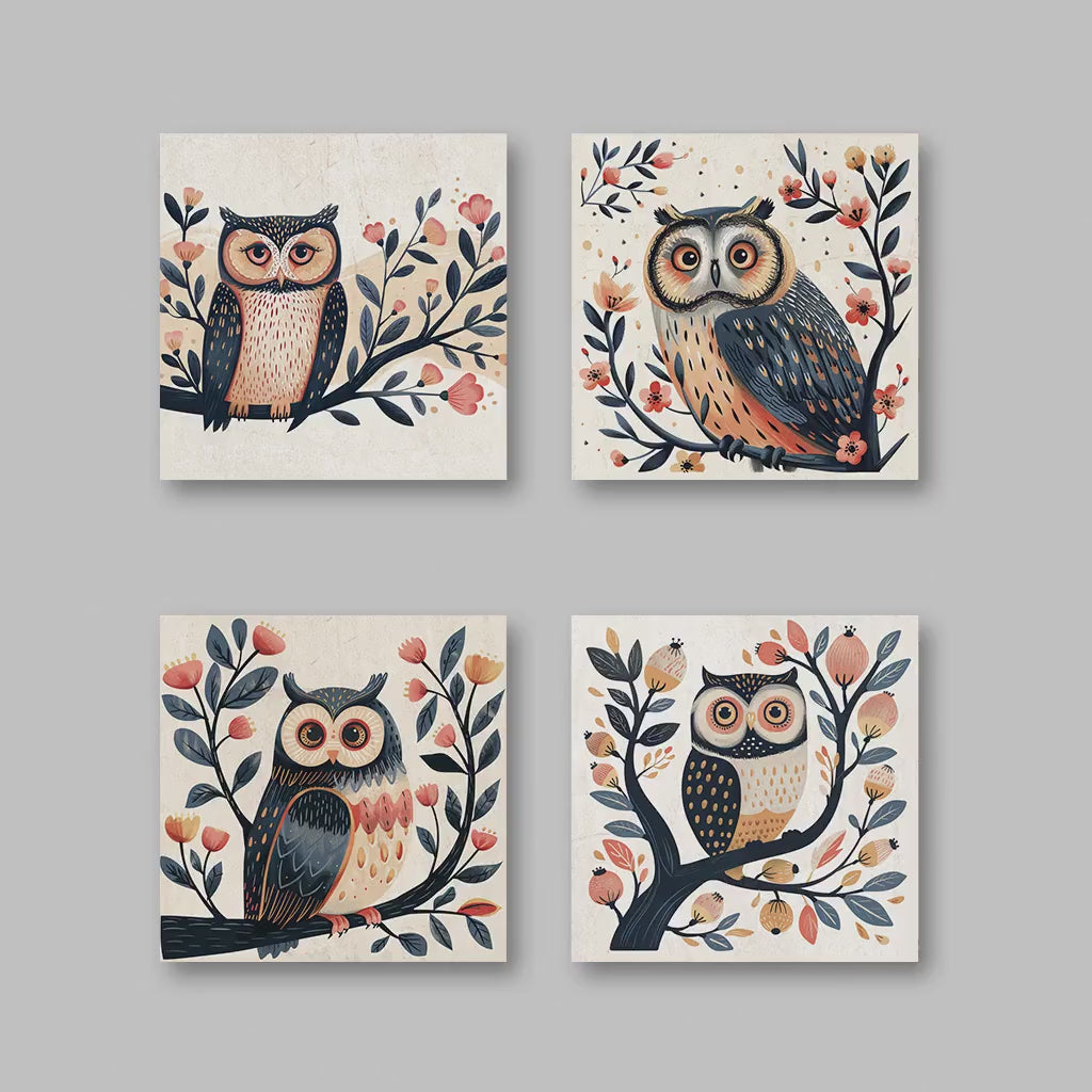 Owl Wall Art - Set of 4 Boho Owl Prints | Woodland Nursery Decor for Kids Room