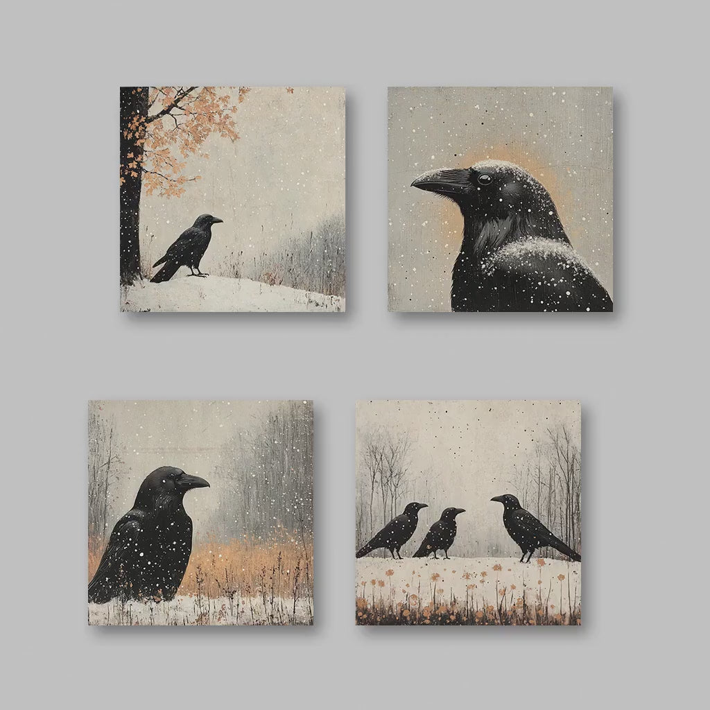 Raven Wall Art - Set of 4 Winter Nature Prints | Gothic Dark Academia Decor