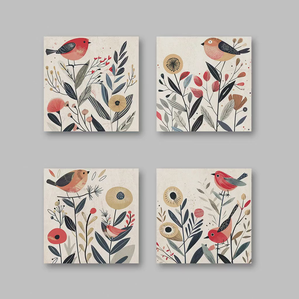 Bird Prints Set – Boho Wall Decor | Folk Art Prints with Abstract Floral Artwork
