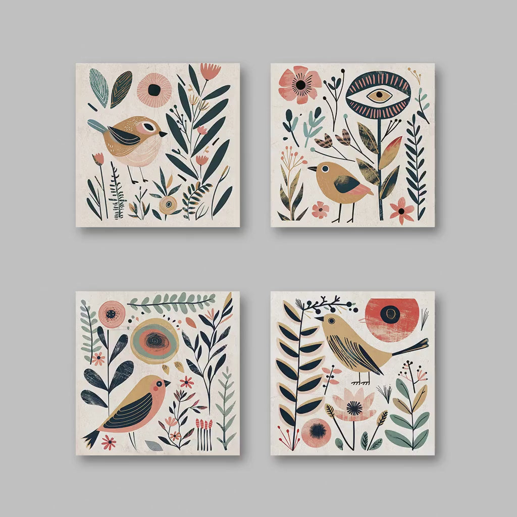 Whimsical Bird Art Prints – Boho Wall Art Set of 4 Rolled Canvas Prints